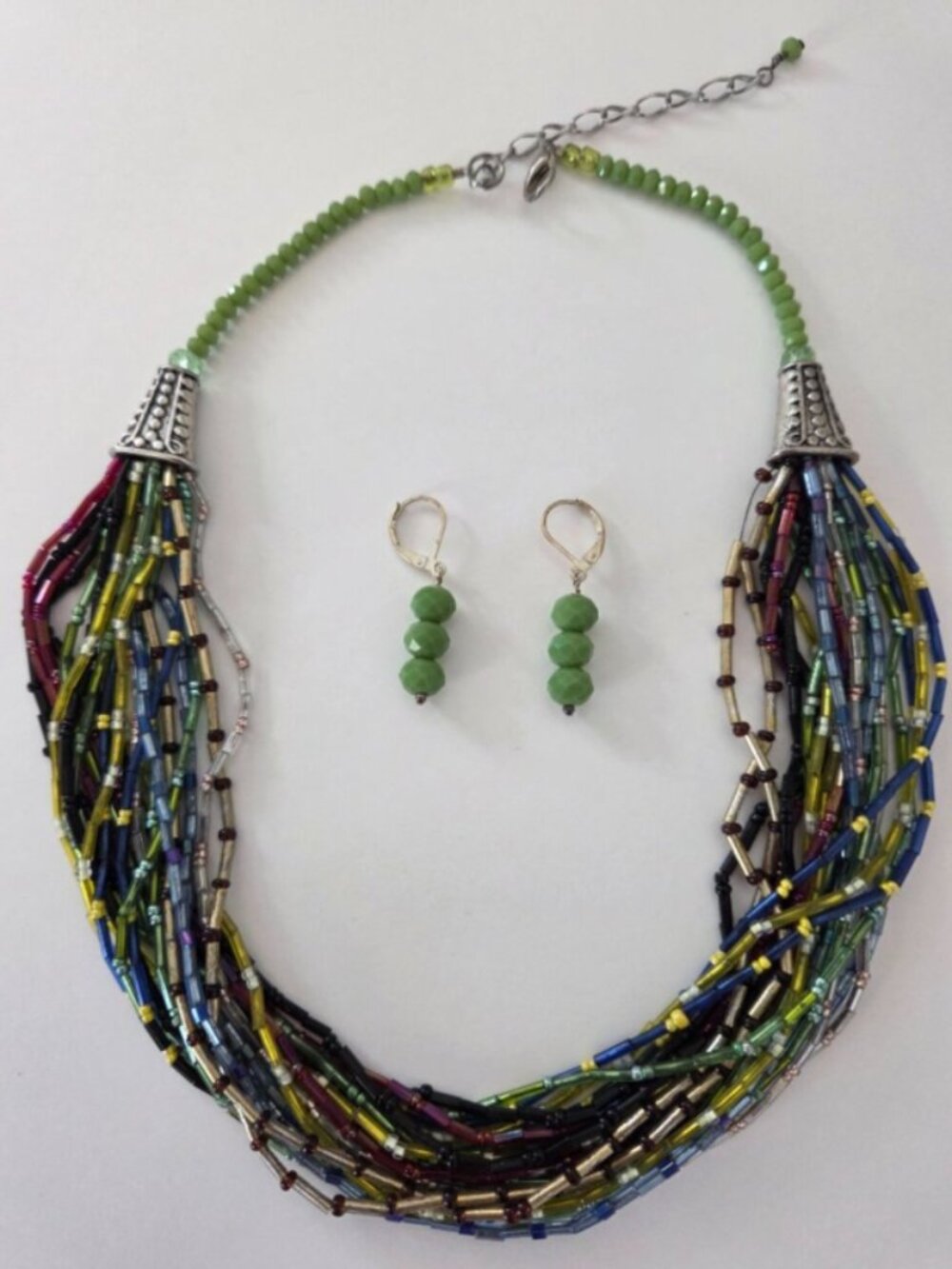 Multi-Color Seed Bead Layered Necklace with Green Accent Earrings